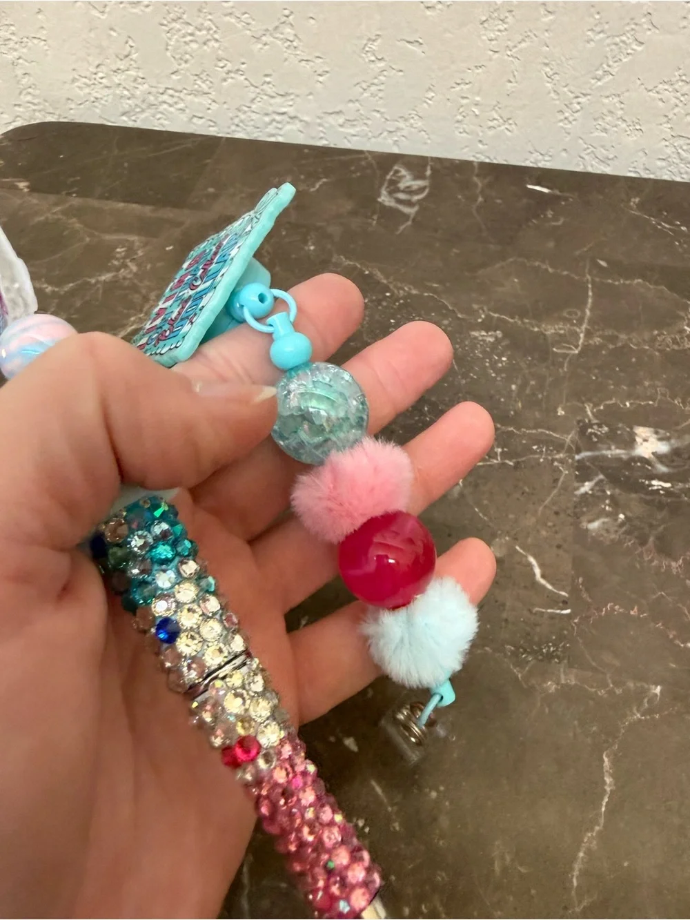 Living on That Blue Collar Dollar Rhinestone Beaded Pen and Matching Badge Reel
